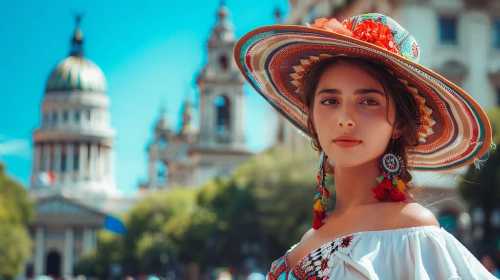 Woman in colorful traditional hat and dress with St. Isaac's Cathedral background