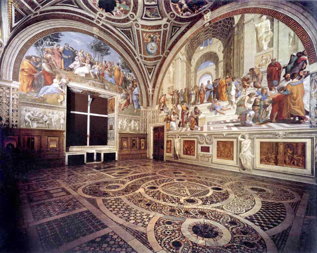 The image displays the Raphael Rooms (Stanze di Raffaello) in the Apostolic Palace at the Vatican Museums, specifically a view of the Stanza della Segnatura, the first room decorated by Raphael and his school.