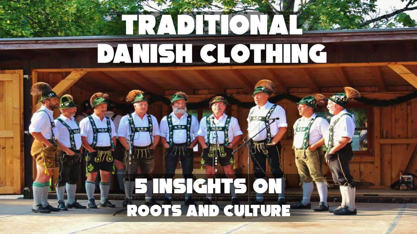 A group of men wearing traditional Danish Læderbukser (leather trousers) standing together, singing joyfully, showcasing cultural heritage and festive rural traditions