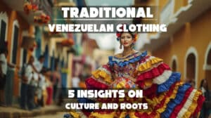 A woman wearing a vibrant flamenco-inspired dress in Venezuela, featuring bright colors, flowing ruffles, and intricate patterns