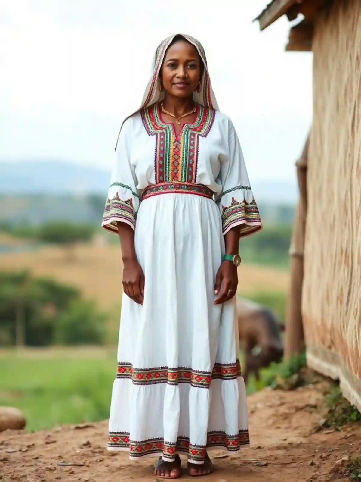 A woman dressed in a traditional Ethiopian Habesha Kemis, standing proudly. A woman dressed in a traditional Ethiopian Habesha Kemis, standing proudly.