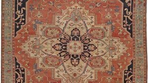 A vibrant traditional area rug with intricate patterns featured as the centerpiece in a stylish room.