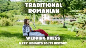 Romanian Woman Sitting on Grass Wearing Traditional bride Dress