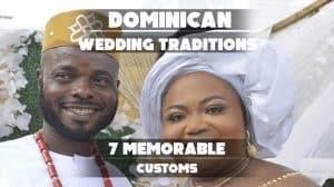 A vibrant collage featuring a Dominican wedding, traditional attire, cultural rituals, and festive celebrations.