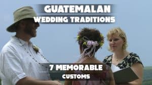 A colorful collage featuring a traditional Guatemalan wedding, showcasing Mayan influences, cultural attire, and festive celebrations.