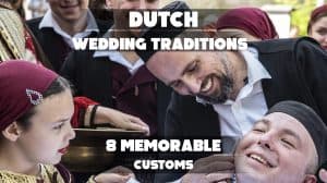 A beautifully decorated Dutch wedding scene featuring traditional elements like wooden clogs, tulips, and a festive atmosphere.