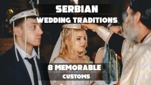 A vibrant collage showcasing a traditional Serbian wedding, featuring cultural attire, lively music, and unique customs like the bride’s ransom and Kolo dance.