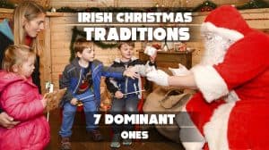 A festive scene showcasing Irish Christmas traditions with holiday decorations, warm lights, and joyful celebrations.