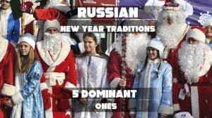 A festive Russian New Year celebration with Ded Moroz, Snegurochka, fireworks, and traditional holiday decorations.