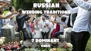 A festive Russian wedding scene with a bride and groom in traditional attire, surrounded by family and friends in celebration.