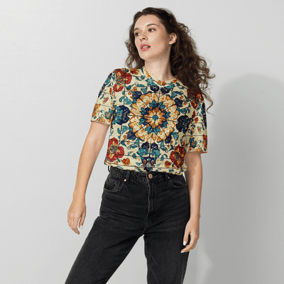 a woman in a floral shirt