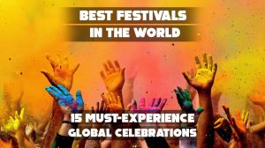 A collage of global festivals showing lanterns, parades, food, and cultural dances