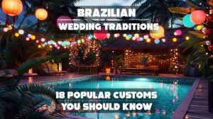 Traditional Brazilian wedding with bride, groom, padrinhos, and festive decorations