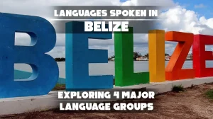 Cultural symbols representing English, Spanish, Kriol, and Garifuna languages spoken in Belize