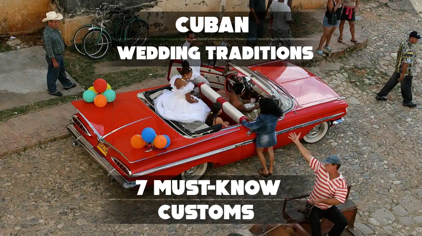 A collage showcasing seven traditional Cuban wedding customs with couples and cultural symbols.