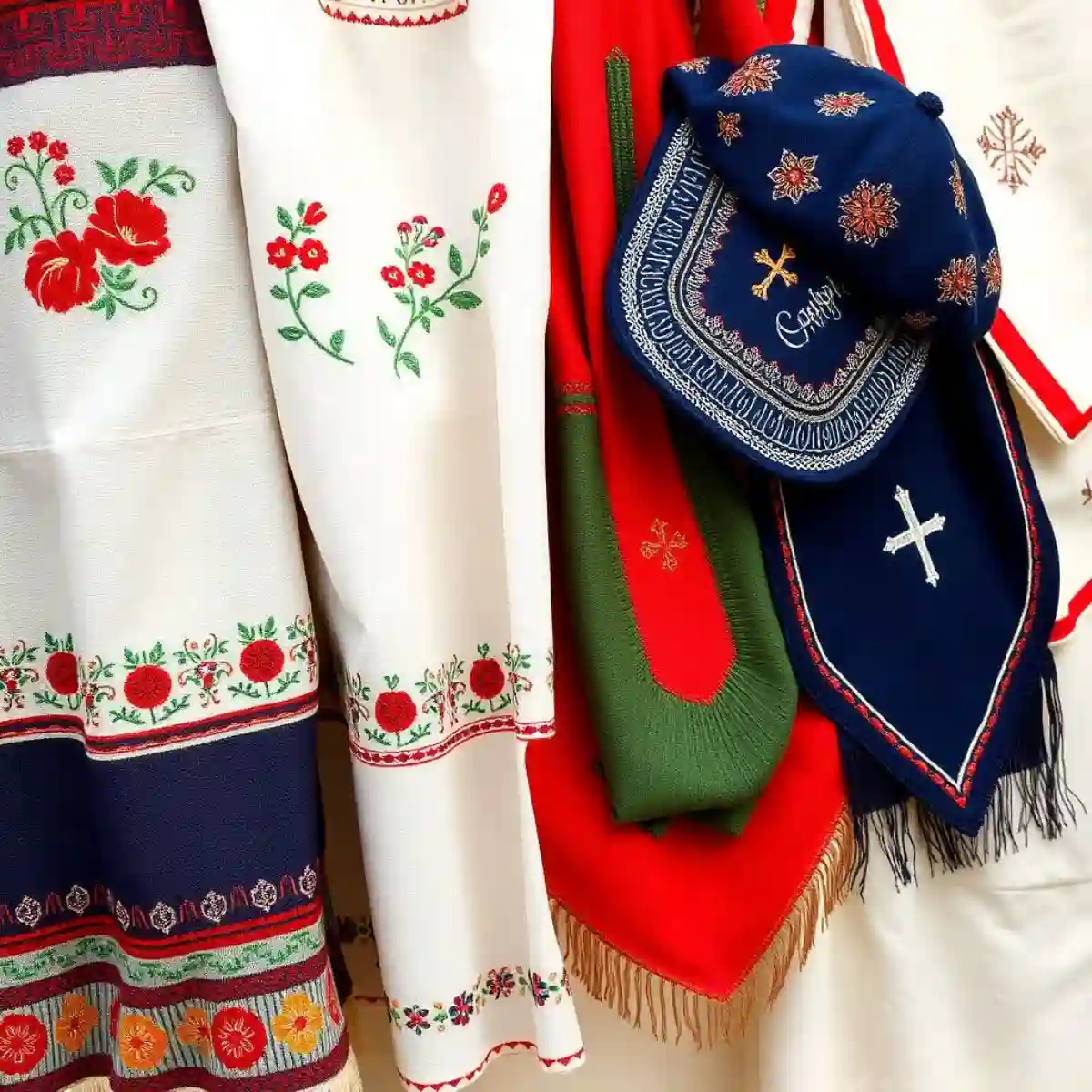Close-up photo of Sicilian wool, linen, silk, and cotton fabrics with embroidered floral and cross patterns, colorful aprons, kerchiefs, and a Coppola cap. Close-up photo of Sicilian wool, linen, silk, and cotton fabrics with embroidered floral and cross patterns, colorful aprons, kerchiefs, and a Coppola cap.