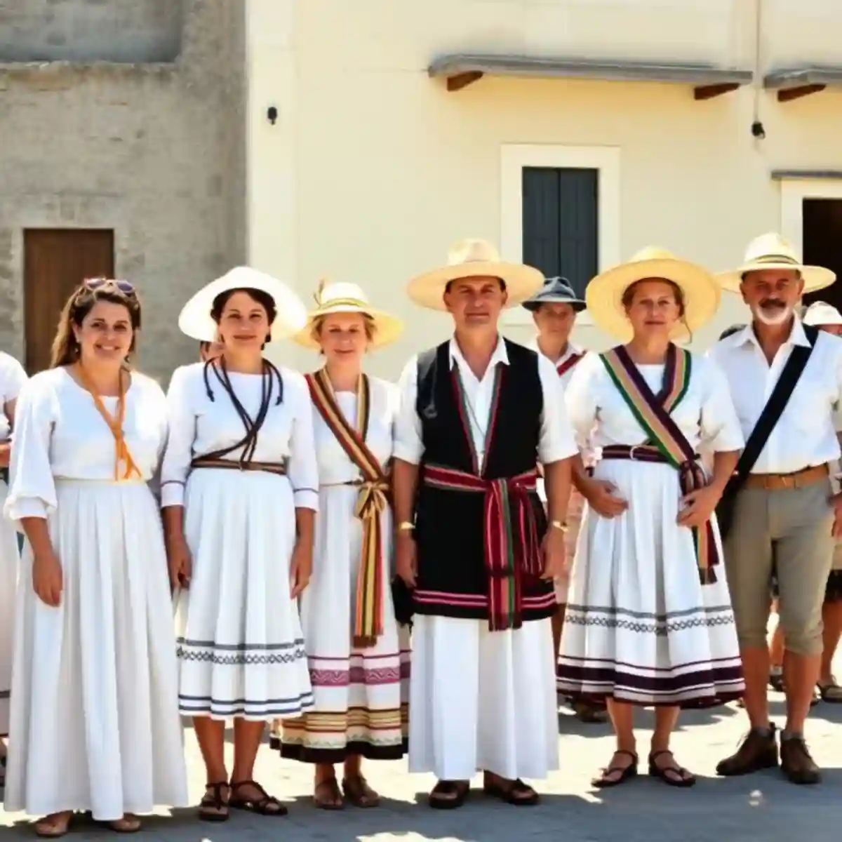 Women in light skirts, white blouses, colorful sashes, and men in loose shirts, wide belts, some with straw hats, outdoors in warm sunlight. Women in light skirts, white blouses, colorful sashes, and men in loose shirts, wide belts, some with straw hats, outdoors in warm sunlight.