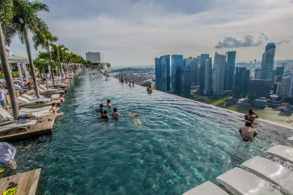 Angled view of the Infinity Pool on the roof of Marina Bay Sands Hotel in Singapore. Angled view of the Infinity Pool on the roof of Marina Bay Sands Hotel in Singapore.
