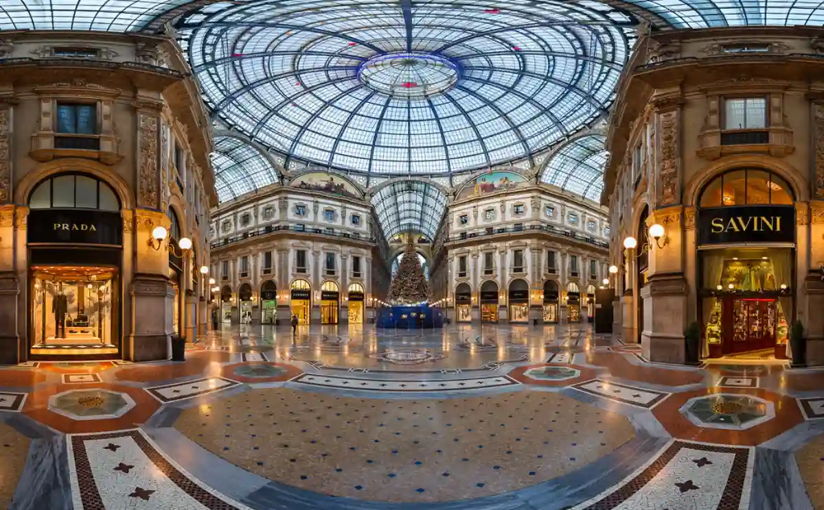 Interior view of the mosaic floor and glass dome in Galleria Vittorio Emanuele II in Milan, Italy.
Fashion Capital of Italy Interior view of the mosaic floor and glass dome in Galleria Vittorio Emanuele II in Milan, Italy.
Fashion Capital of Italy