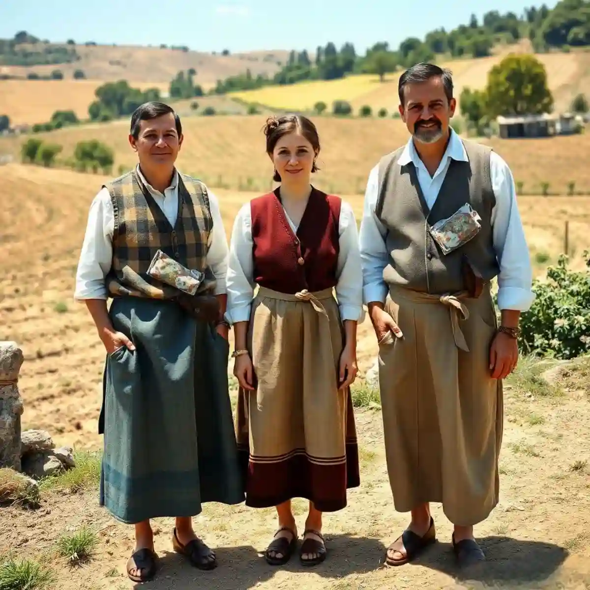 Rural Sicilian men and women wearing traditional handmade linen and wool clothing, standing in sunny countryside with farming fields in the background. Rural Sicilian men and women wearing traditional handmade linen and wool clothing, standing in sunny countryside with farming fields in the background.