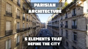 Collage of iconic architectural features in Paris, such as Haussmannian facades, ironwork balconies, mansard roofs, and grand boulevards.