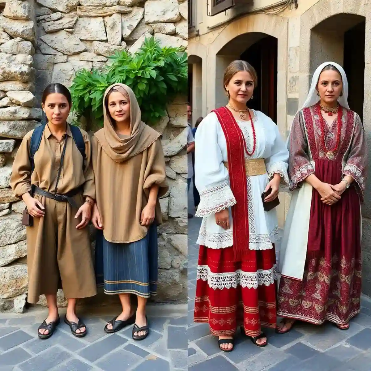 Split-scene photo showing rural Sicilian peasants in thick fabrics and simple shoes on one side, and urban Sicilian people in finer fabrics and jewelry on the other. Split-scene photo showing rural Sicilian peasants in thick fabrics and simple shoes on one side, and urban Sicilian people in finer fabrics and jewelry on the other.
