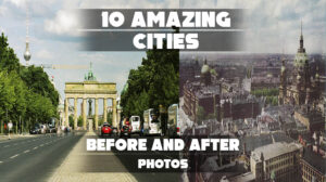 A split view of a city, showing past and present.