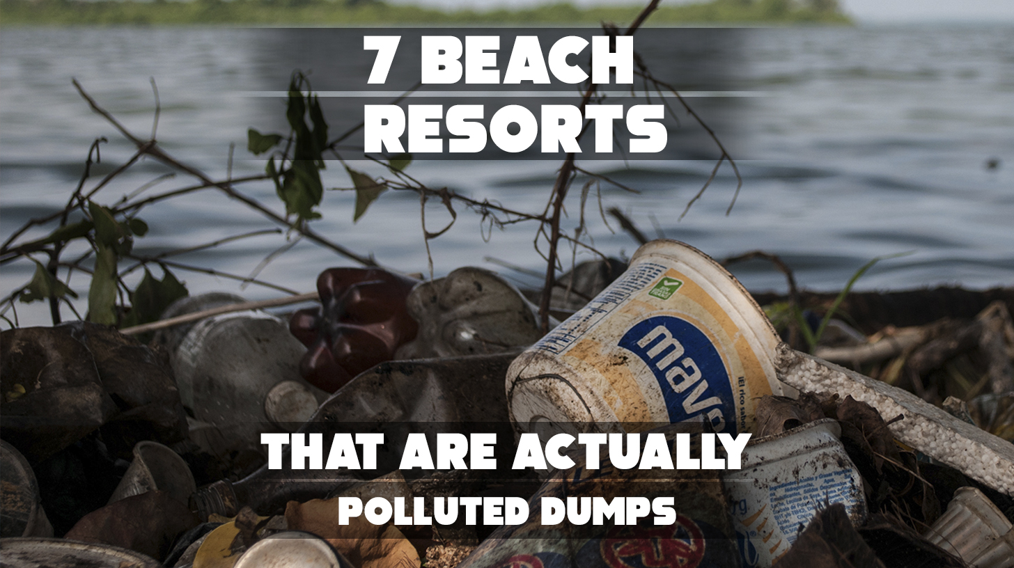 Polluted beach with trash on sand and cloudy skies.