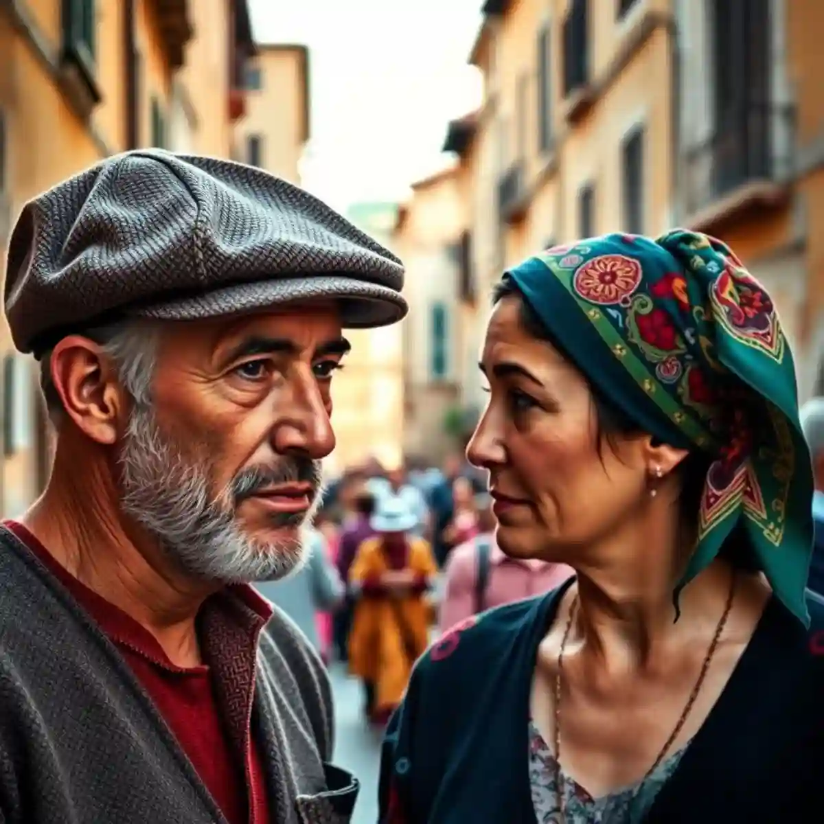 Close-up portrait of a Sicilian man in a wool Coppola cap and a woman with a colorful kerchief, set against a traditional village background during a festival. Close-up portrait of a Sicilian man in a wool Coppola cap and a woman with a colorful kerchief, set against a traditional village background during a festival.