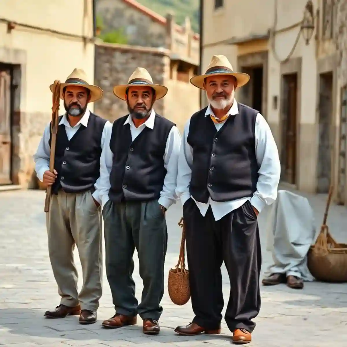 Sicilian men wearing white shirts, dark vests, loose pants, and Coppola caps, posed in a rural or village setting. Sicilian men wearing white shirts, dark vests, loose pants, and Coppola caps, posed in a rural or village setting.