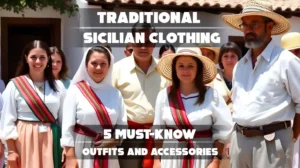 Collage or scene featuring key elements of traditional Sicilian clothing — folk dresses, Coppola caps, embroidered aprons, sashes, and handmade jewelry.