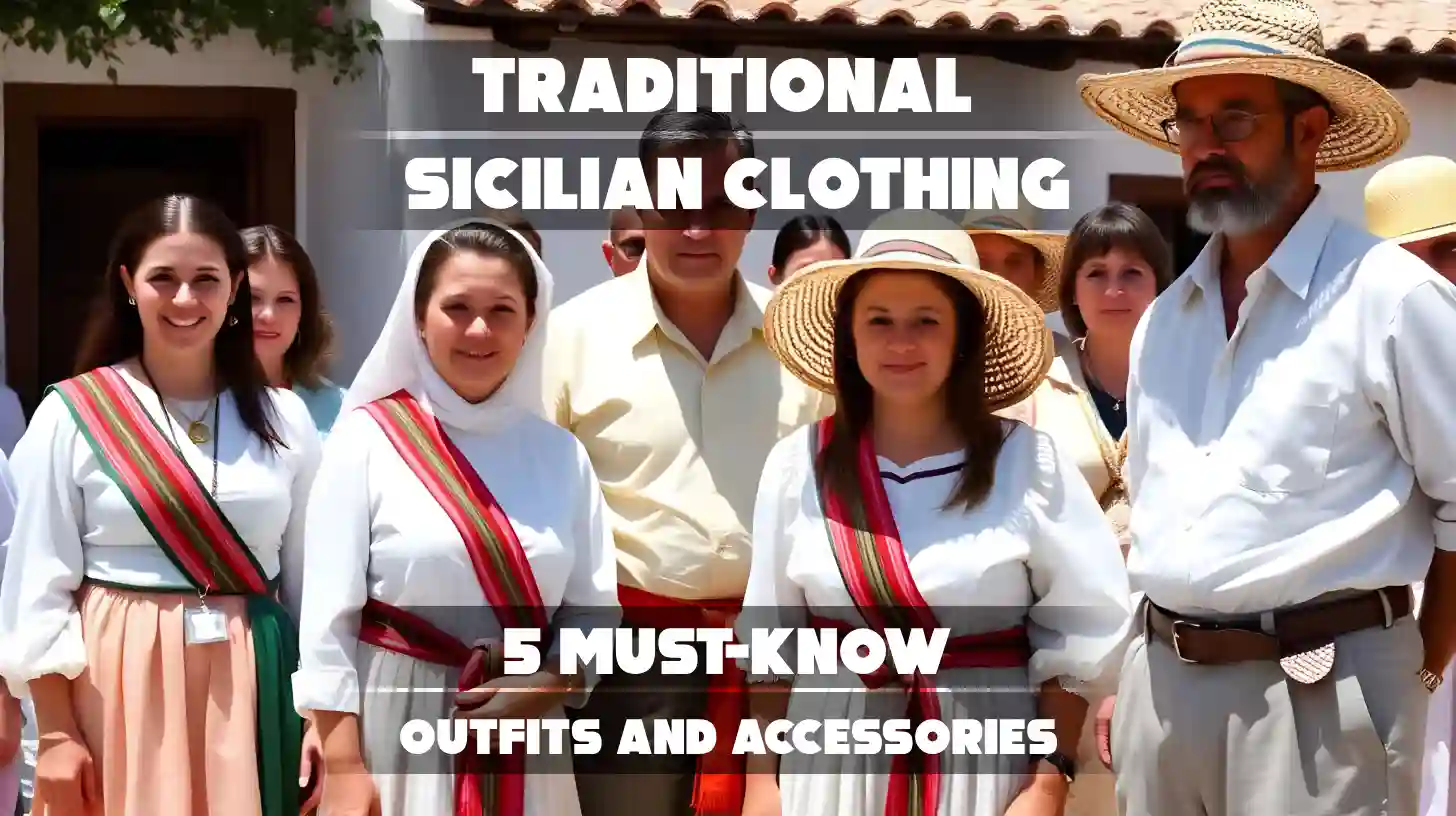 Collage or scene featuring key elements of traditional Sicilian clothing — folk dresses, Coppola caps, embroidered aprons, sashes, and handmade jewelry.