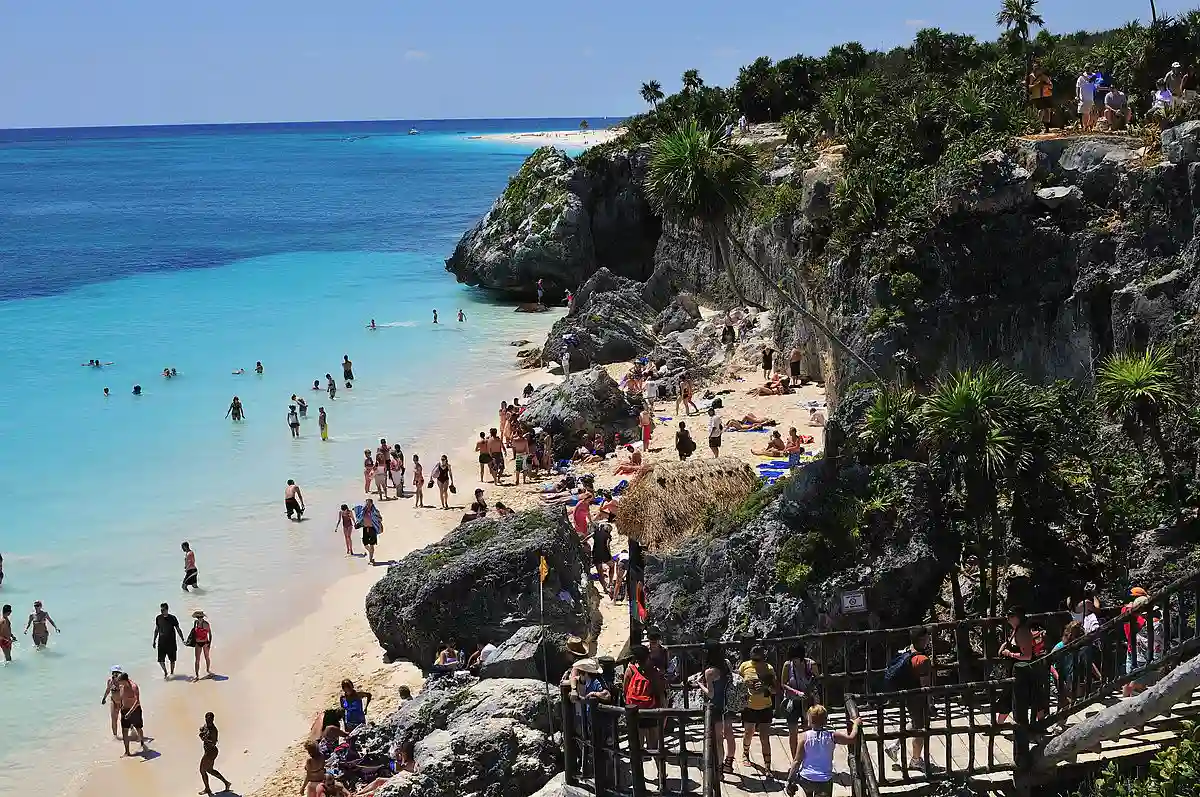 The beach at Tulum. The water is extremely beautiful, calm and shallow. Very popular with tourists visiting the archiological site. The beach at Tulum. The water is extremely beautiful, calm and shallow. Very popular with tourists visiting the archiological site.