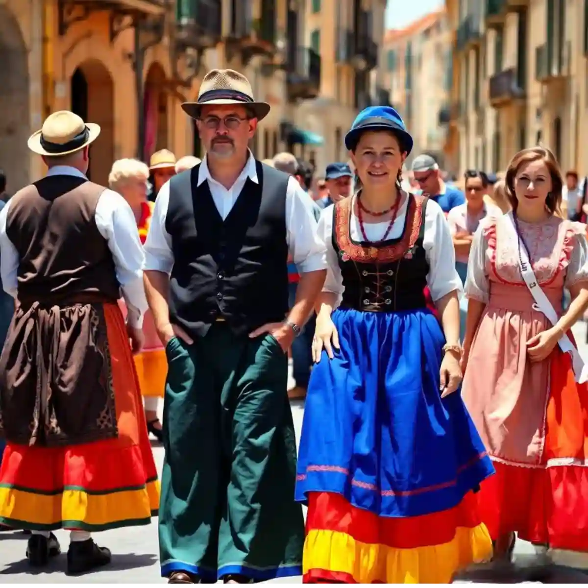 Men and women in Western Sicilian folk attire with bright skirts, vests, aprons, and Coppola caps at a street festival. Men and women in Western Sicilian folk attire with bright skirts, vests, aprons, and Coppola caps at a street festival.