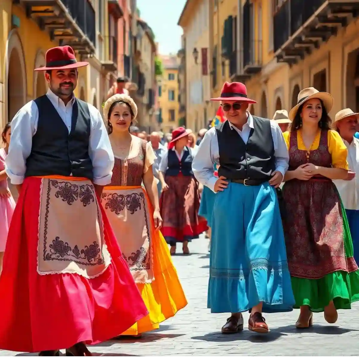 Men and women wearing bright wide skirts, detailed aprons, dark vests, and Coppola caps at a sunny street festival in Palermo. Men and women wearing bright wide skirts, detailed aprons, dark vests, and Coppola caps at a sunny street festival in Palermo.