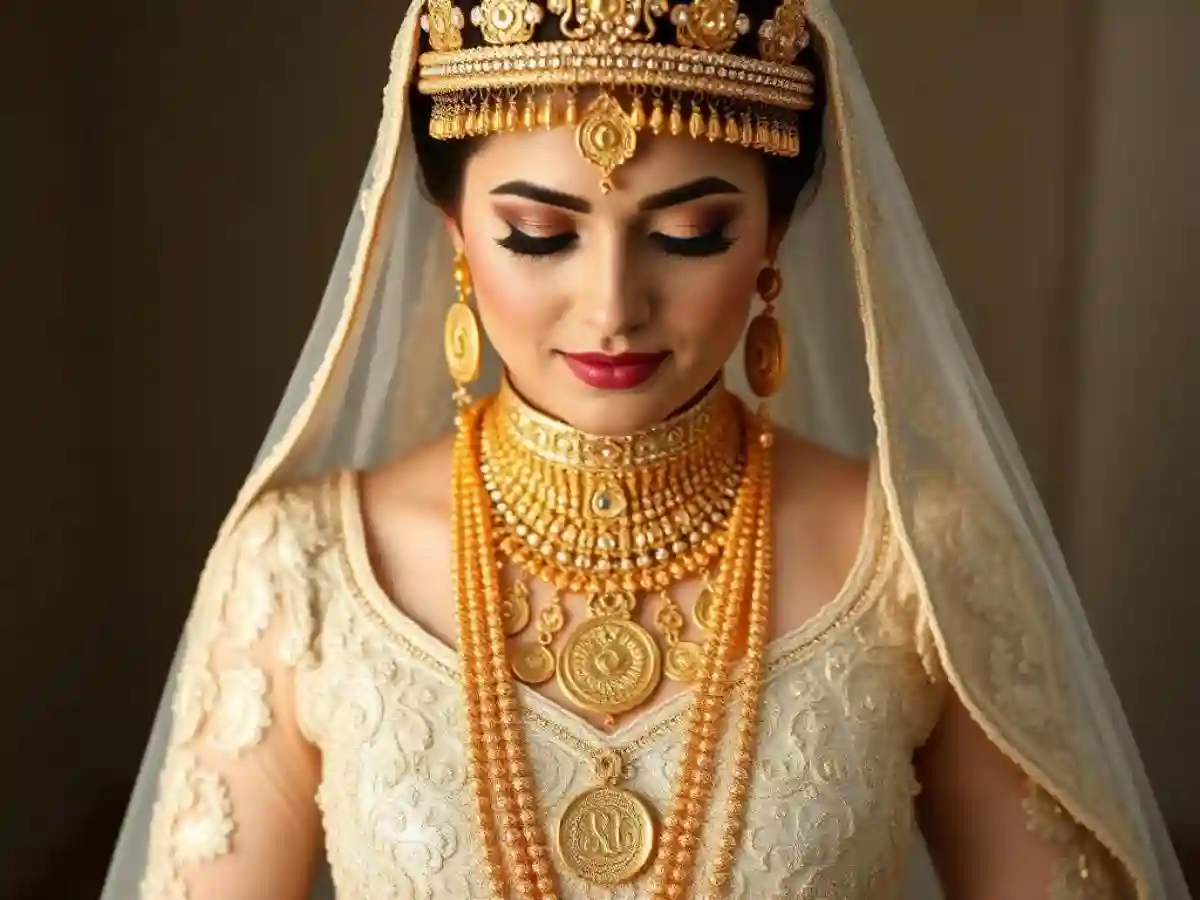 Traditional Iraqi wedding accessories, including intricate jewelry, headpieces, and belts, beautifully complementing the bridal dress. Traditional Iraqi wedding accessories, including intricate jewelry, headpieces, and belts, beautifully complementing the bridal dress.