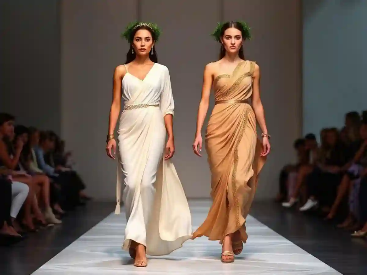 Two Models on Fashion Stage wearing Greek Mythology-inspired outfits, showcasing ethereal beauty and strength, embodying the grace of ancient goddesses. Two Models on Fashion Stage wearing Greek Mythology-inspired outfits, showcasing ethereal beauty and strength, embodying the grace of ancient goddesses.