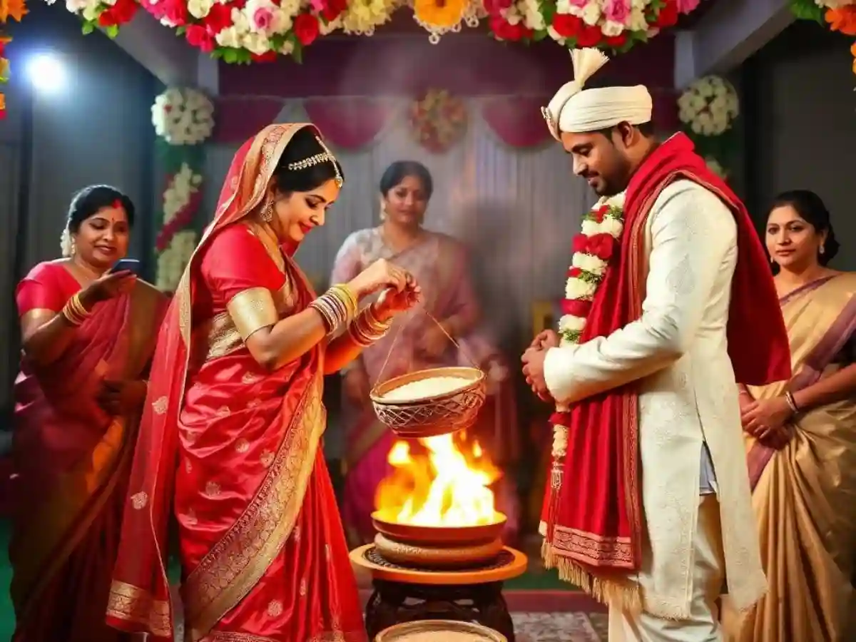 The bride and groom offering rice and prayers during the Anjali ceremony in a traditional Bengali wedding. The bride and groom offering rice and prayers during the Anjali ceremony in a traditional Bengali wedding.
