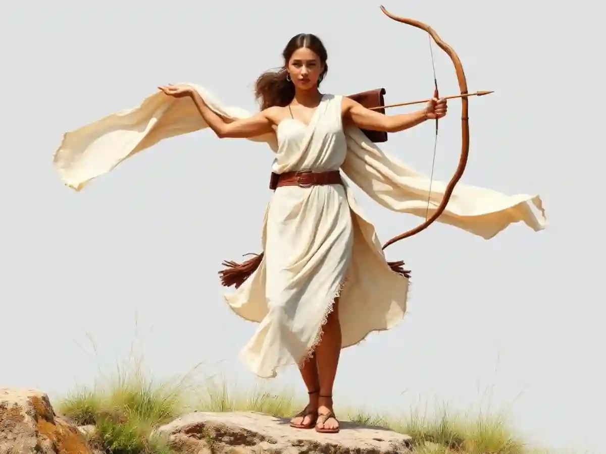 Artemis, the Greek Goddess of the Hunt, in a short tunic, holding a bow and arrow, embodying independence, strength, and the untamed spirit of nature in Greek mythology. Artemis, the Greek Goddess of the Hunt, in a short tunic, holding a bow and arrow, embodying independence, strength, and the untamed spirit of nature in Greek mythology.