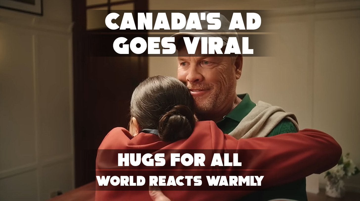 Canadian concierge hugs American tourist in viral tourism ad promoting Eastern Townships in Quebec.