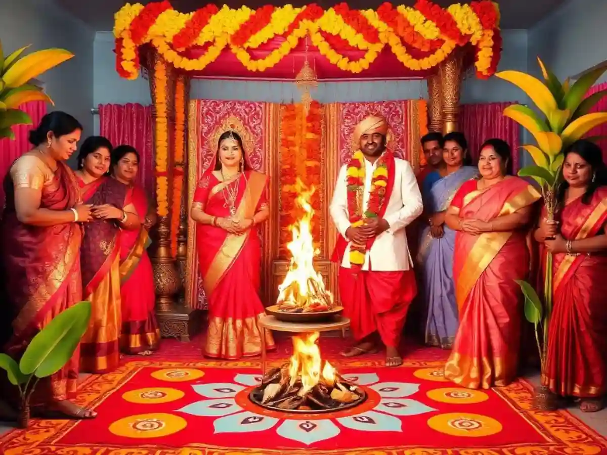 Traditional decorations and symbols used in a Bengali wedding, such as flowers, lighting, and auspicious motifs. Traditional decorations and symbols used in a Bengali wedding, such as flowers, lighting, and auspicious motifs.