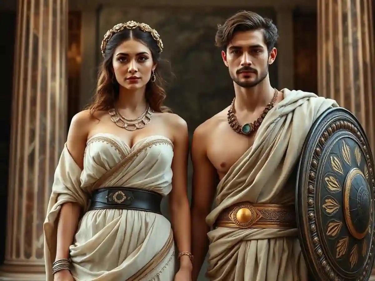 Man and Woman in Greek Mythology Outfits, exuding the elegance and strength of ancient gods and goddesses, standing together in timeless harmony. Man and Woman in Greek Mythology Outfits, exuding the elegance and strength of ancient gods and goddesses, standing together in timeless harmony.