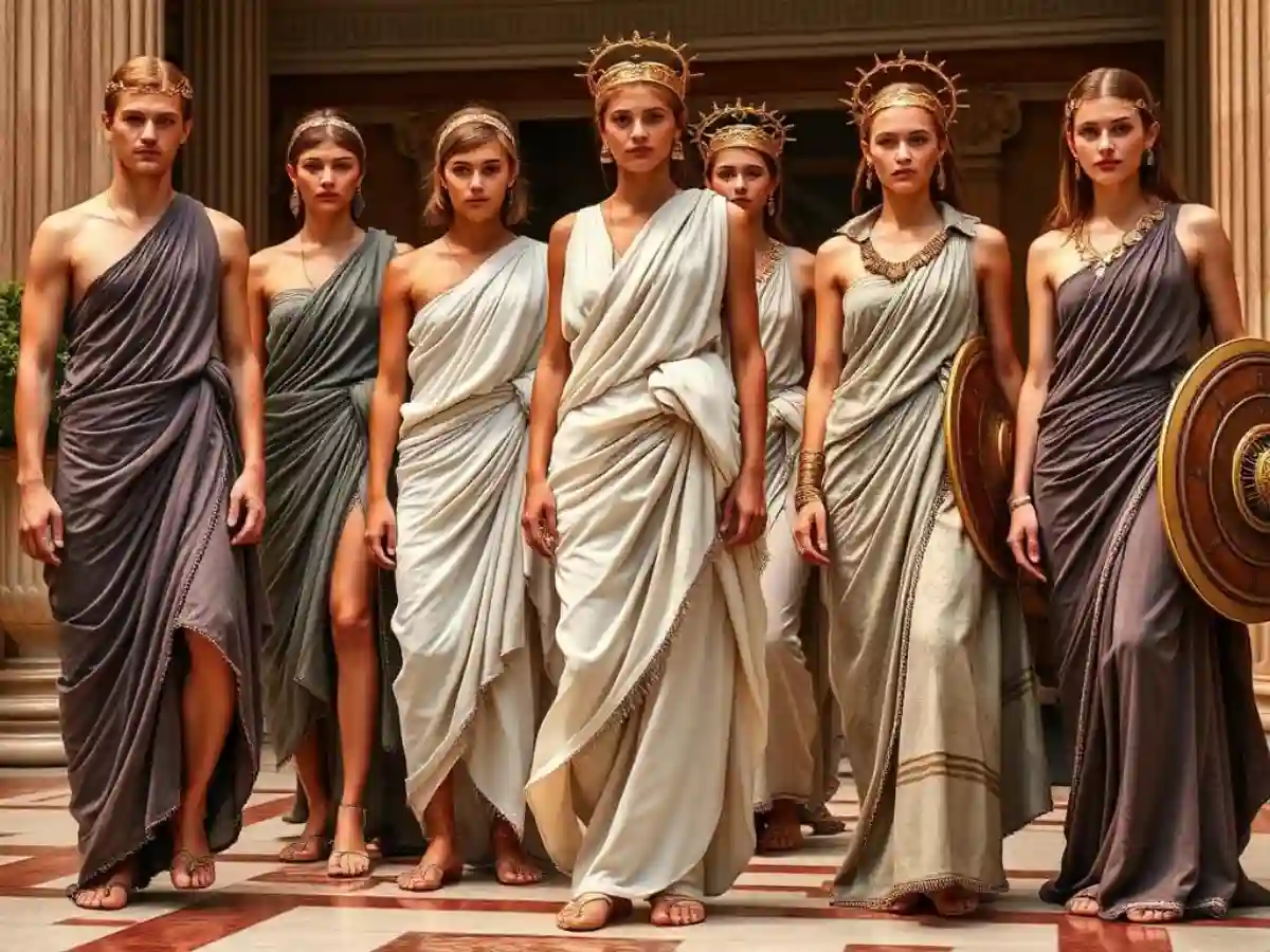 Greek mythology fashion featuring flowing tunics, laurel wreaths, and symbolic accessories, reflecting the timeless elegance of ancient gods and goddesses in Greek culture. Greek mythology fashion featuring flowing tunics, laurel wreaths, and symbolic accessories, reflecting the timeless elegance of ancient gods and goddesses in Greek culture.