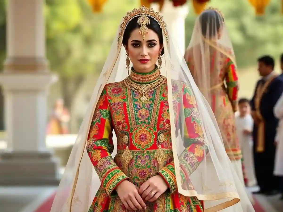An Iraqi Turkmen wedding dress adorned with vibrant colors, intricate embroidery, and traditional design elements, showcasing the beauty of Turkmen bridal attire. An Iraqi Turkmen wedding dress adorned with vibrant colors, intricate embroidery, and traditional design elements, showcasing the beauty of Turkmen bridal attire.