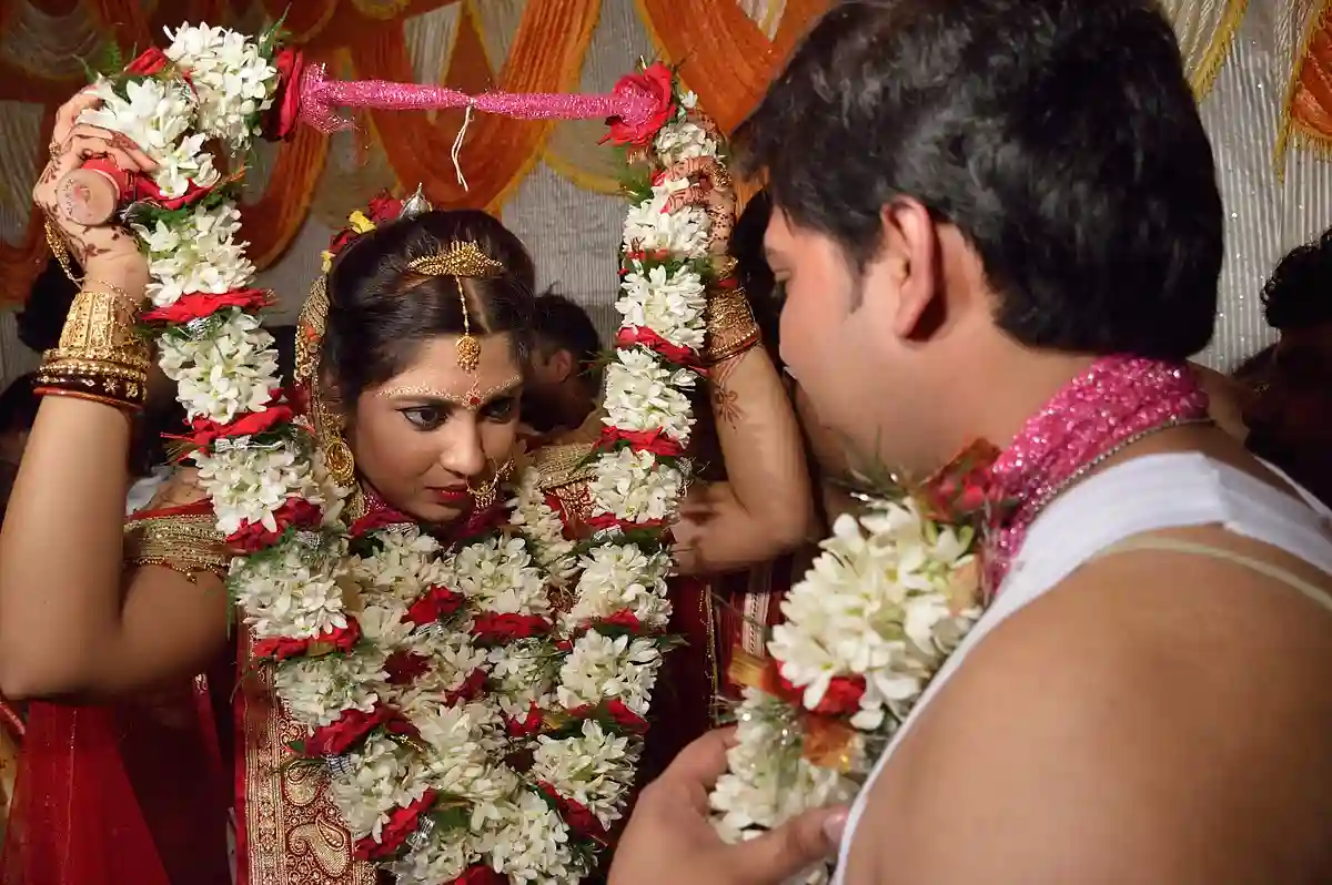 The bride and groom exchanging garlands (Mala Badal) during a traditional Bengali Hindu wedding ceremony. The bride and groom exchanging garlands (Mala Badal) during a traditional Bengali Hindu wedding ceremony.