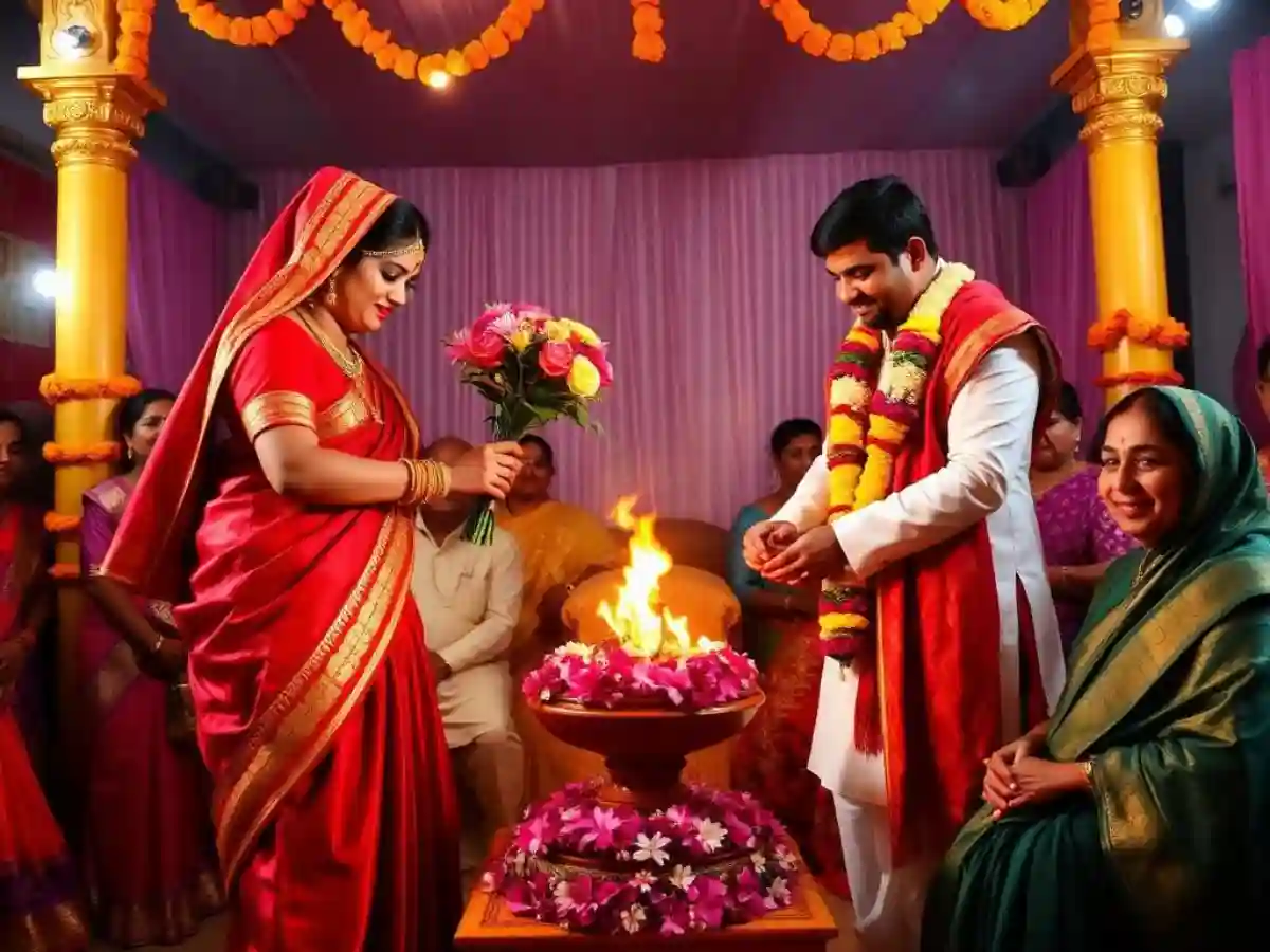 The bride is adorned with flowers during the Phool Shajao ceremony, a traditional ritual in Bengali weddings. The bride is adorned with flowers during the Phool Shajao ceremony, a traditional ritual in Bengali weddings.
