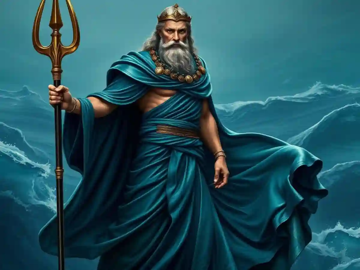 Poseidon, God of the Sea, draped in a flowing robe, holding a trident, symbolizing control over the oceans, storms, and earthquakes in Greek mythology. Poseidon, God of the Sea, draped in a flowing robe, holding a trident, symbolizing control over the oceans, storms, and earthquakes in Greek mythology.