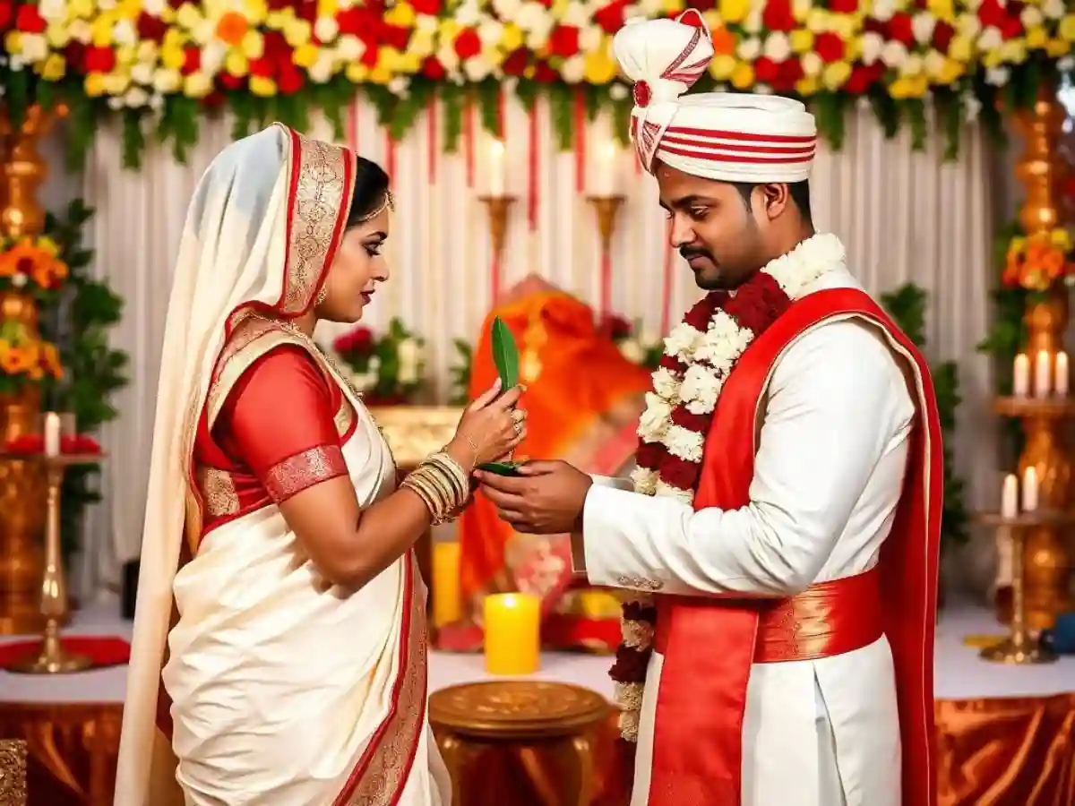 The bride receiving a gift-filled pot (Potto Bhora) from her family during the traditional Bengali wedding ceremony. The bride receiving a gift-filled pot (Potto Bhora) from her family during the traditional Bengali wedding ceremony.