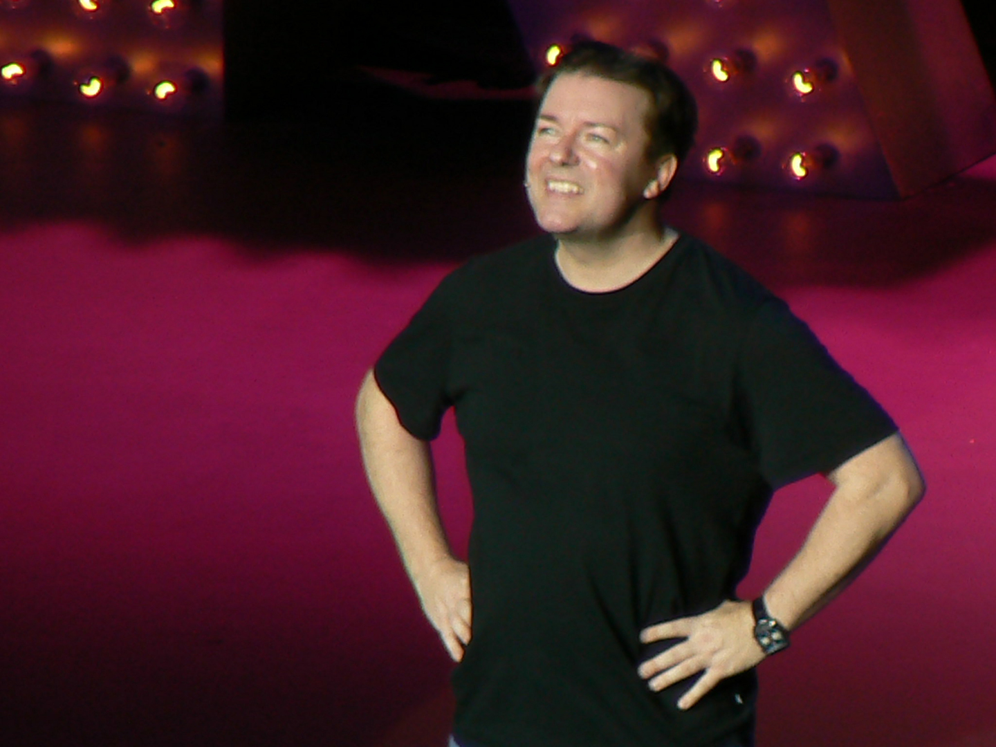 Ricky Gervais laughing during a press event. Ricky Gervais laughing during a press event.
