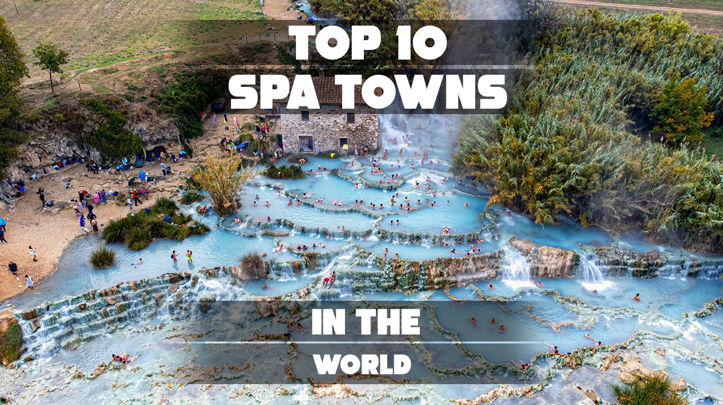Scenic view of a luxury spa town with hot springs and mountain backdrop.